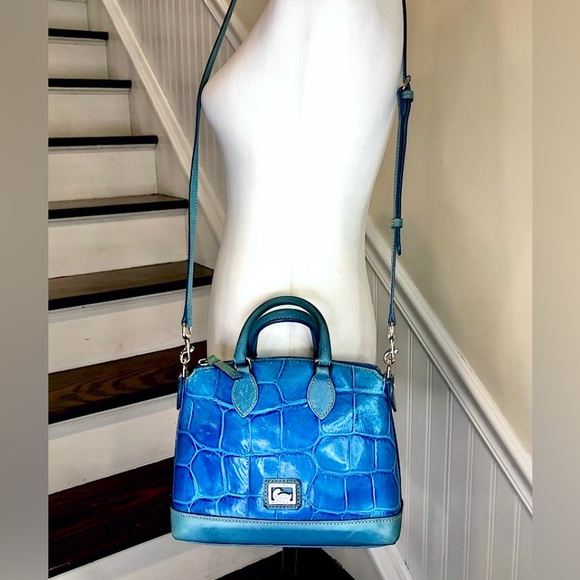 DOONEY BOURKE Electric Blue Croc Embossed Leather Top Handle Crossbody Bag - Picture 3 of 16